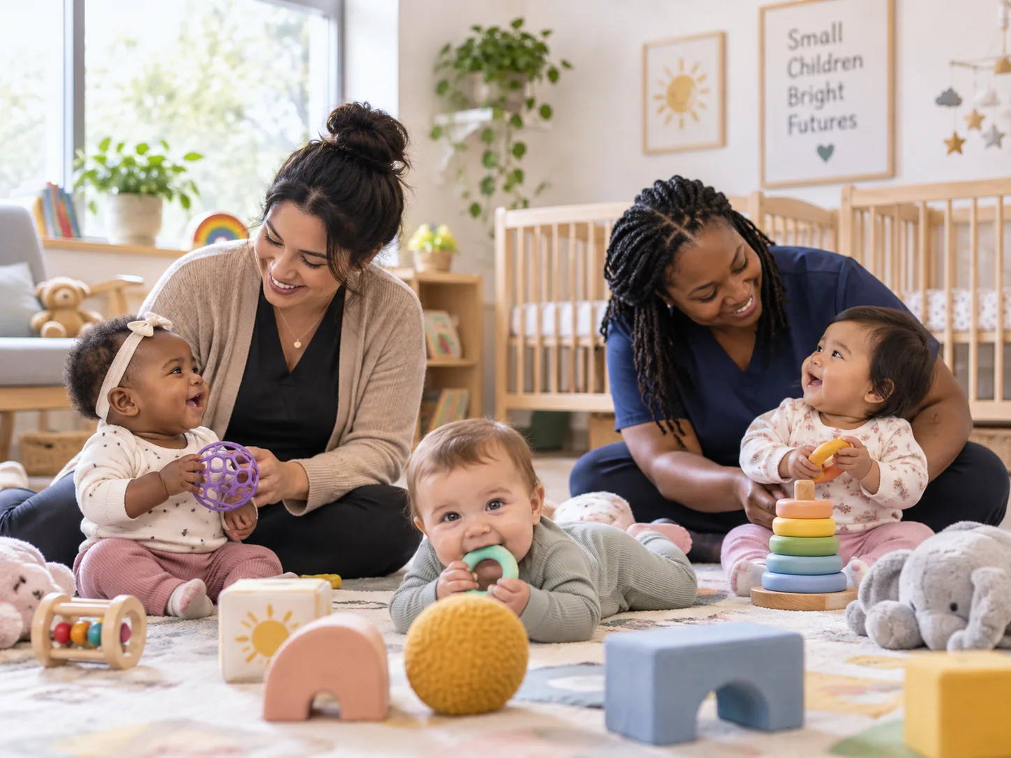 Early childhood professional caring for young children in a nursery setting